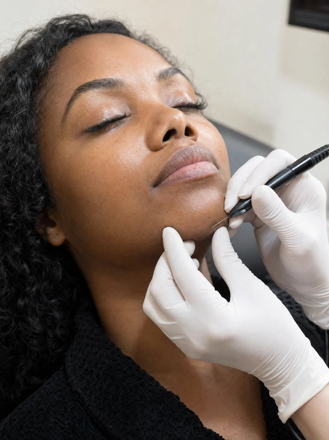 AI-generated illustration of a Black woman receiving electrolysis on her chin