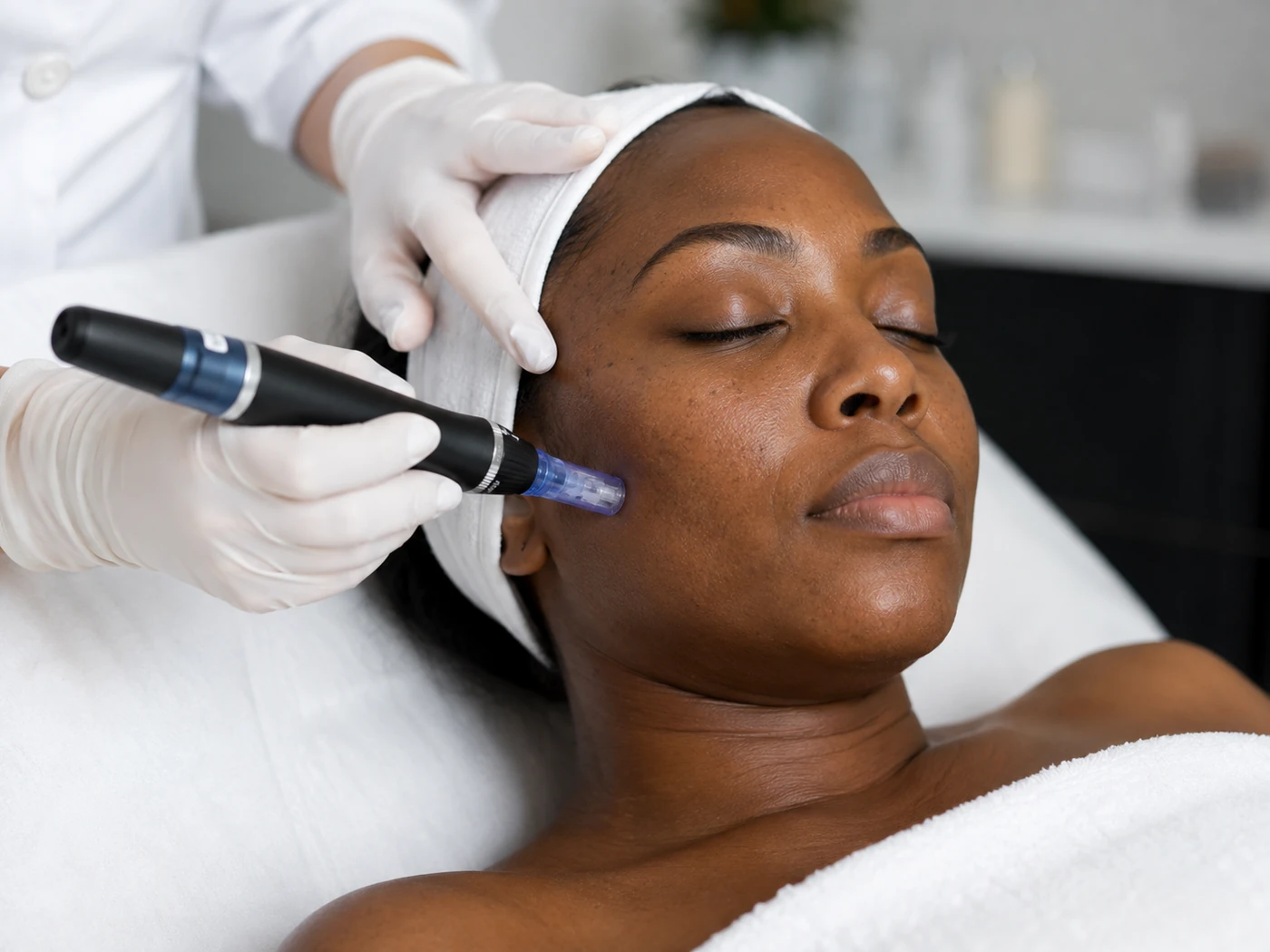 AI-generated treatment illustration of a Black woman receiving a microneedling facial