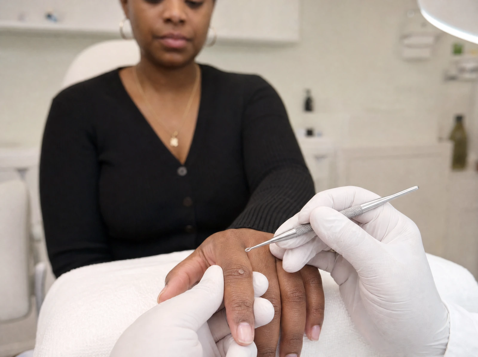 AI-generated illustration of a Black woman having a finger wart examined in a clinic